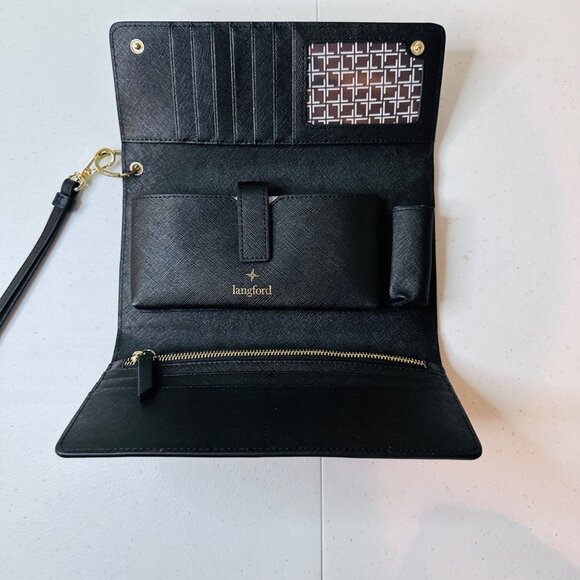 Langford Saint Jasmine Saffiano Black Wristlet Tri-fold Wallet With Gold Accents - Picture 12 of 15